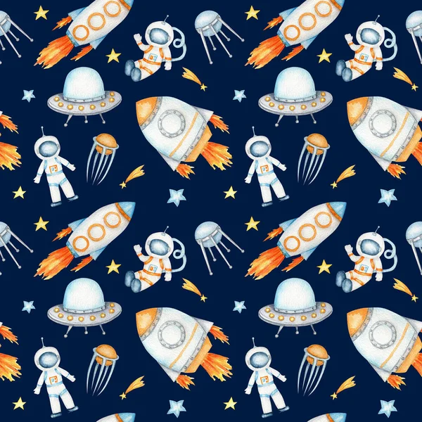 Space Seamless pattern with Astronaut, cosmonaut, Space rocket, Flying saucer UFO, Spaceship, alien, Unidentified flying object, stars. Watercolor kids fabric design, wrapping paper, background