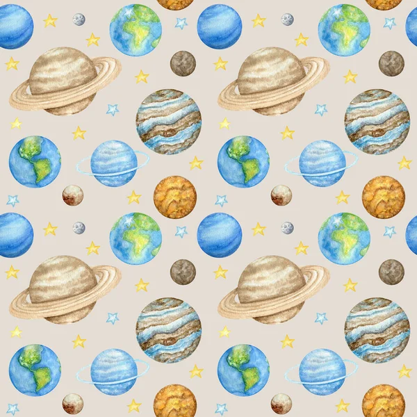 Planètes du système solaire Modèle sans couture. Planète spatiale externe Mercure Vénus Terre Mars Jupiter Saturne Uranus Neptune Pluton avec Soleil. Conception de tissu pour enfants aquarelle, papier d'emballage, fond — Photo