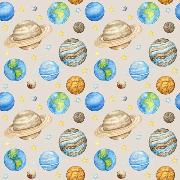 Planets of the solar system Seamless pattern. Outer Space planet Mercury Venus Earth Mars Jupiter Saturn Uranus Neptune Pluto with Sun. Watercolor kids fabric design, wrapping paper, background