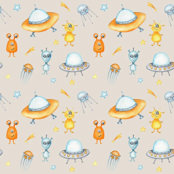 Space Seamless pattern with Astronaut, cosmonaut, Space rocket, Flying saucer UFO, Spaceship, alien, Unidentified flying object, stars. Watercolor kids fabric design, wrapping paper, background