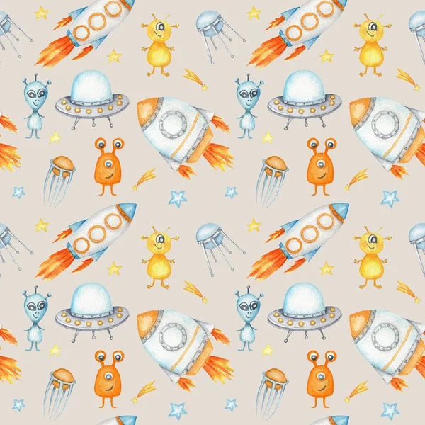 Space Seamless pattern with Astronaut, cosmonaut, Space rocket, Flying saucer UFO, Spaceship, alien, Unidentified flying object, stars. Watercolor kids fabric design, wrapping paper, background