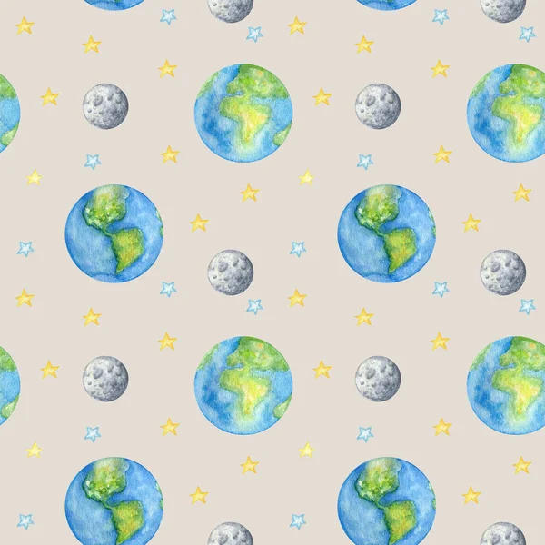 Planets of the solar system Seamless pattern. Outer Space planet Mercury Venus Earth Mars Jupiter Saturn Uranus Neptune Pluto with Sun. Watercolor kids fabric design, wrapping paper, background