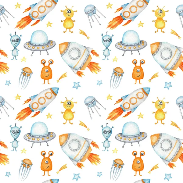 Space Seamless pattern with Astronaut, cosmonaut, Space rocket, Flying saucer UFO, Spaceship, alien, Unidentified flying object, stars. Watercolor kids fabric design, wrapping paper, background