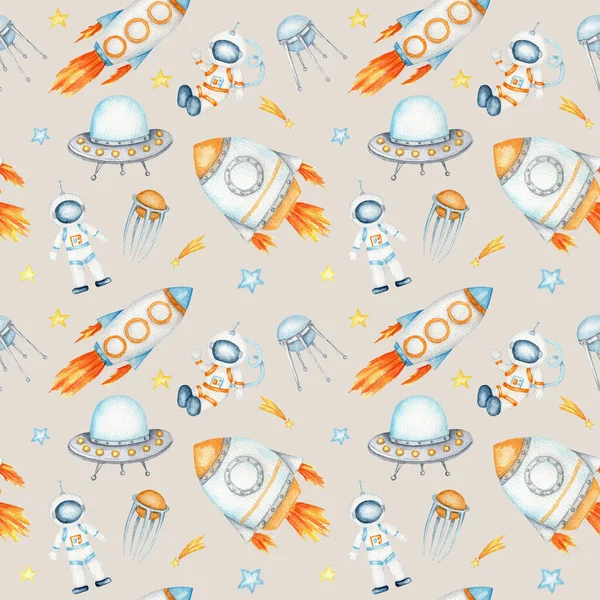 Space Seamless pattern with Astronaut, cosmonaut, Space rocket, Flying saucer UFO, Spaceship, alien, Unidentified flying object, stars. Watercolor kids fabric design, wrapping paper, background