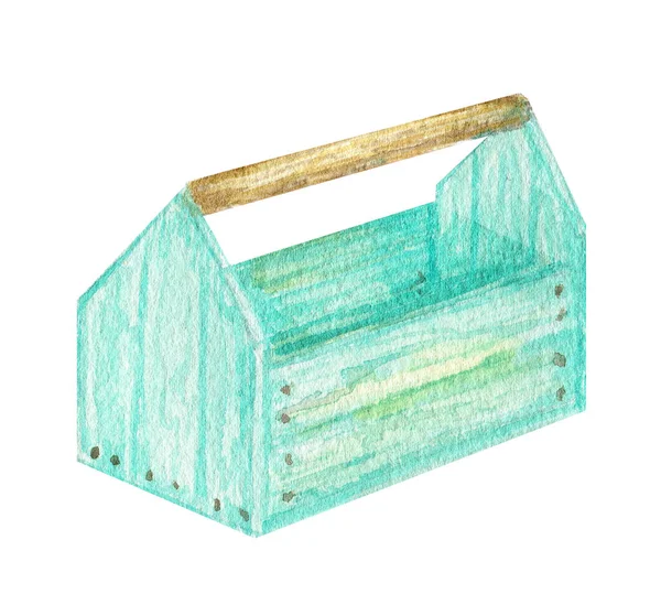 Caixa de madeira da aquarela Ferramentas de jardinagem isoladas em fundo branco. Ferramenta de jardim Ilustração pintada à mão. Instrumento de jardinagem — Fotografia de Stock