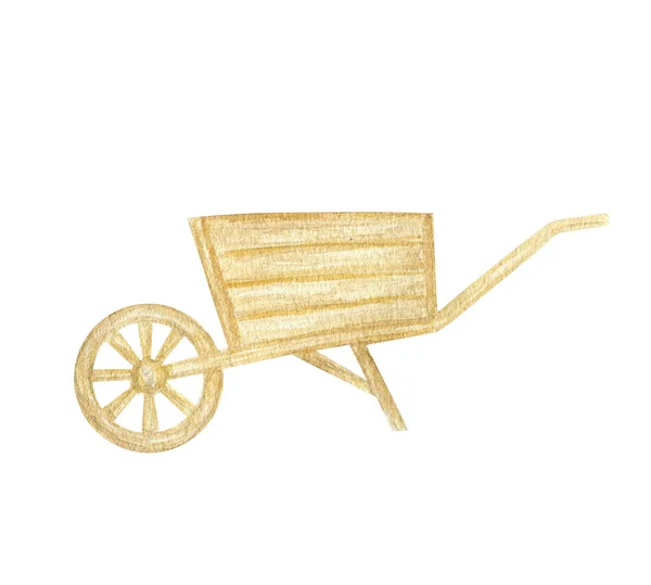 Empty Watercolor wooden wheelbarrow for autumn harvest gardening. Watercolor illustration isolated on white background — Zdjęcie stockowe