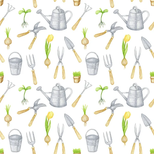 Watercolor gardening tools seamless pattern. Hand drawn garden elements background. Spring illustration. Watering can, tools, flowers on white. Colorful designer paper