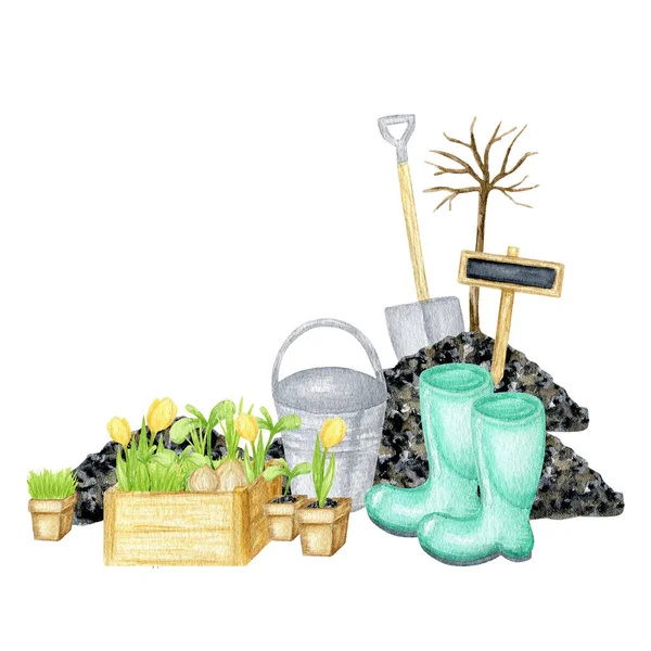 Herramientas de jardín acuarela. Dibujado a mano, rastrillo, cubo, caja de madera, pala, riego puede ilustración aislada en blanco. Primavera, tarjetas de plantillas de verano, banner de equipos de jardinería, concepto de horticultura — Foto de Stock