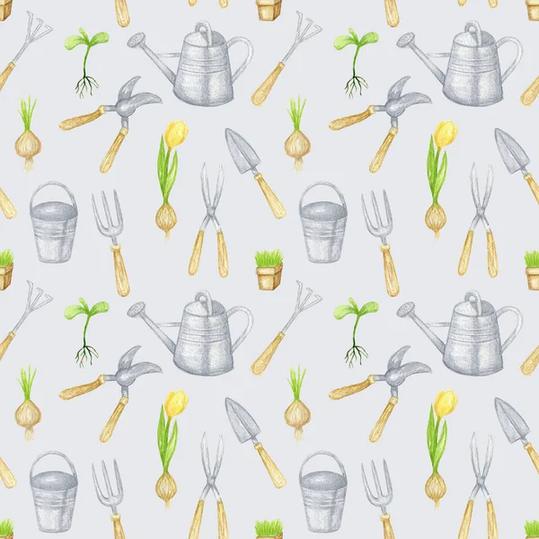 Watercolor gardening tools seamless pattern. Hand drawn garden elements background. Spring illustration. Watering can, tools, flowers. Colorful designer paper