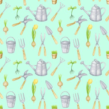Suluboya bahçe aletleri kusursuz desen. El çizimi bahçe elementleri. Bahar çizimi. Su kovası, aletler, çiçekler. Renkli tasarım kağıdı