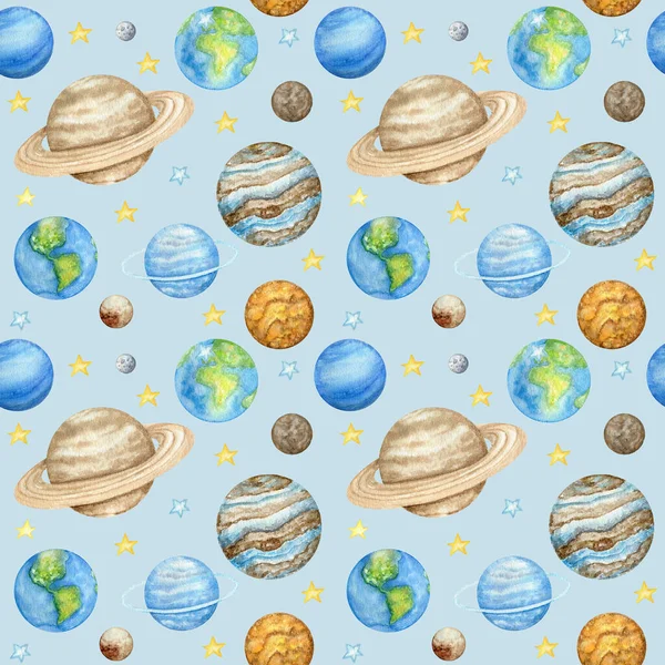 Планеты Солнечной системы Бесшовный узор. Планета космического пространства Меркурий Венера Земля Марс Юпитер Сатурн Нептун Плутон с Солнцем. Акварель детские ткани дизайн, оберточная бумага, фон — стоковое фото