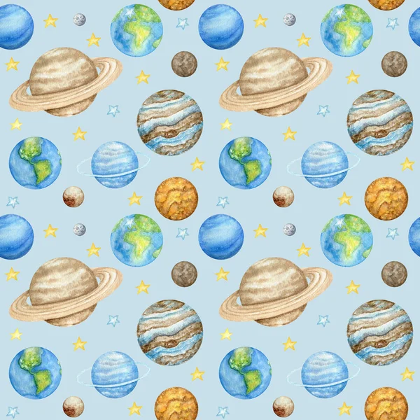 Planets of the solar system Seamless pattern. Outer Space planet Mercury Venus Earth Mars Jupiter Saturn Uranus Neptune Pluto with Sun. Watercolor kids fabric design, wrapping paper, background