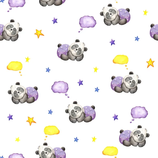 watercolor illustration of cute pattern panda in purple shorts sleeps among the stars and clouds. Children\'s print on a white background. for design, cards, decoration, fabric, paper