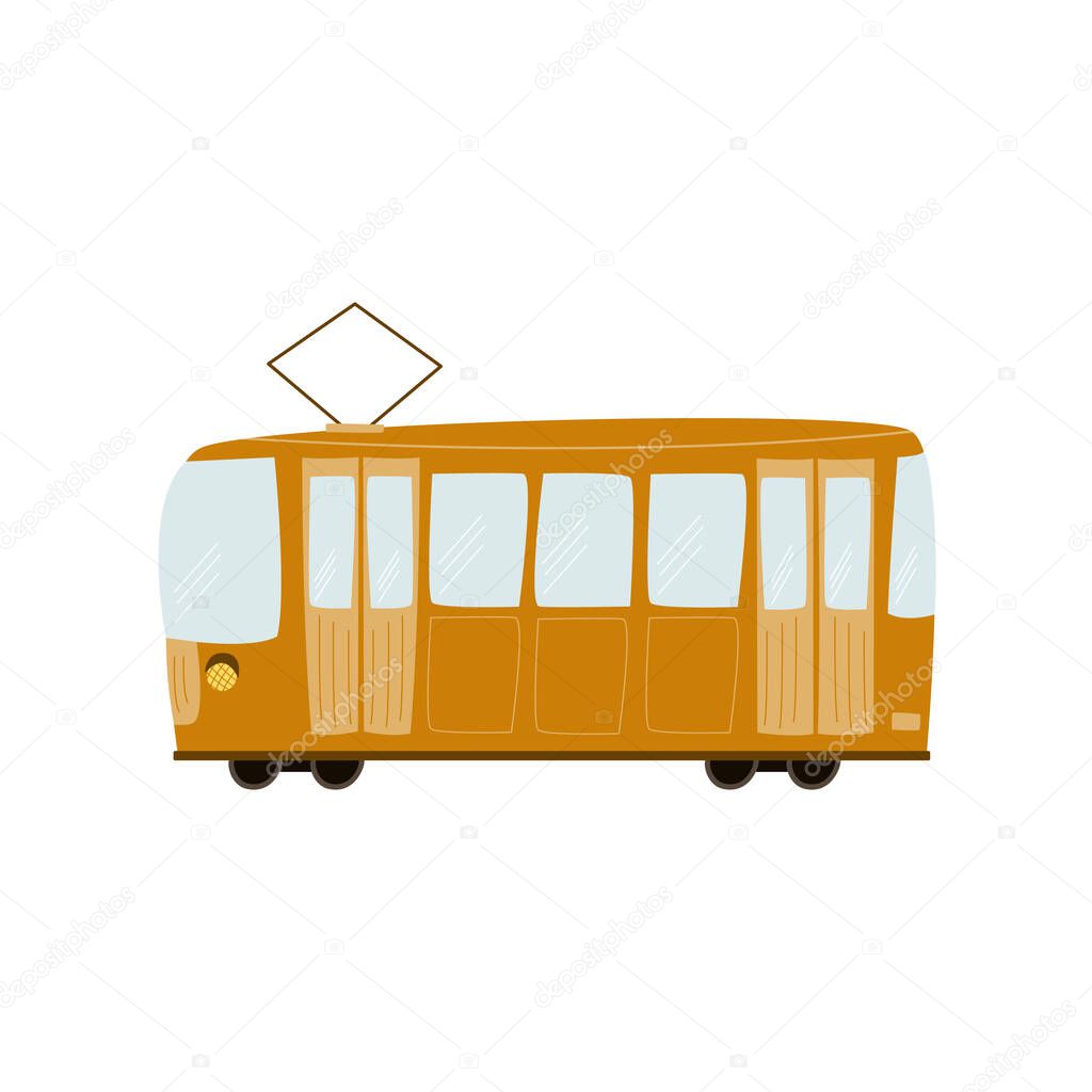 illustration of cute orange tram on a white background. children's print transport. hand-drawn, vector. for design, decoration, albums