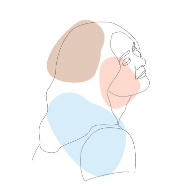 Siyah hatları olan, gözleri kapalı bir kızın resmi. Mavi pembe bej benekler. Cilt bakımı, makyaj. Tasarım, poster, duvar kağıdı, güzellik endüstrisi için. Beyaz arkaplanda elle çizilmiş bir vektör