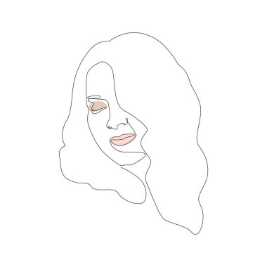 Siyah hatlı, pembe dudaklı ve bej gölgeli bir kız resmi. Cilt bakımı, makyaj. Tasarım, poster, duvar kağıdı, güzellik endüstrisi için. Beyaz arkaplanda elle çizilmiş bir vektör