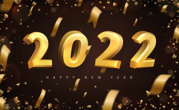 Carte de voeux du Nouvel An. Texte 3D doré volant dans les airs avec confettis et bokeh. — Image vectorielle