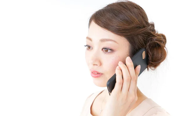 Woman Dress Using Smartphone Posing Isolated White Background — Stock Photo, Image