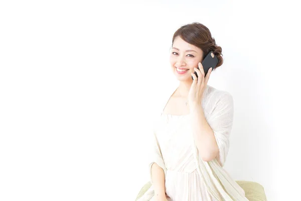 Mujer Vestido Usando Teléfono Inteligente —  Fotos de Stock