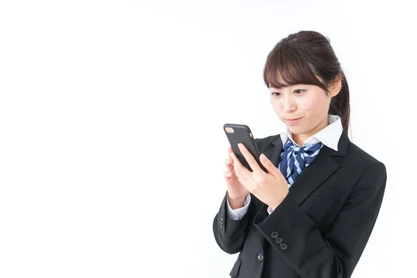Menina Ensino Médio Usando Smartphone — Fotografia de Stock