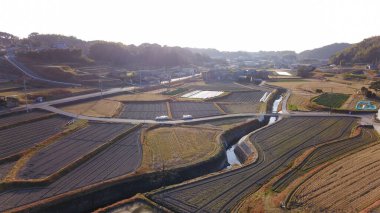 Kırsal insansız hava aracı saldırısı ve Japonya 'daki Awaji Adası, ülke görüşünün hava fotoğrafları.
