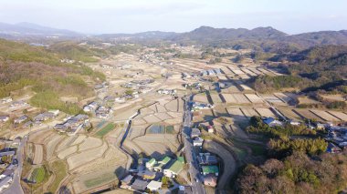 Kırsal insansız hava aracı saldırısı ve Japonya 'daki Awaji Adası, ülke görüşünün hava fotoğrafları.