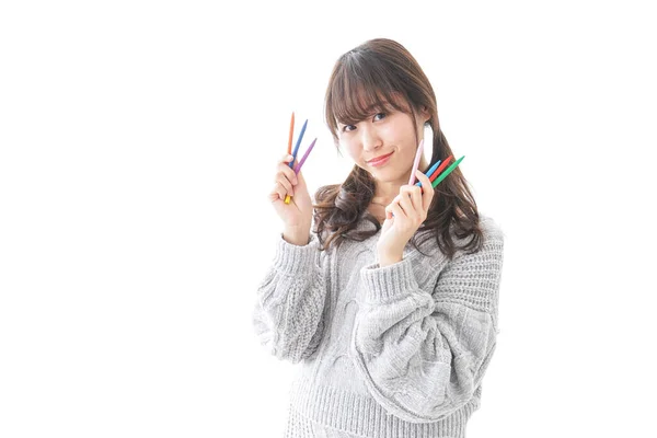 Woman Having Multicolored Pencils — Stock Photo, Image