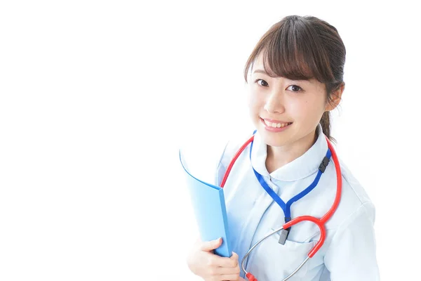 Portret Van Lachende Jonge Verpleegster Uniform — Stockfoto
