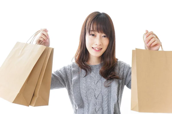 Concepto Compras Mujer Joven Con Bolsas Artesanía — Foto de Stock