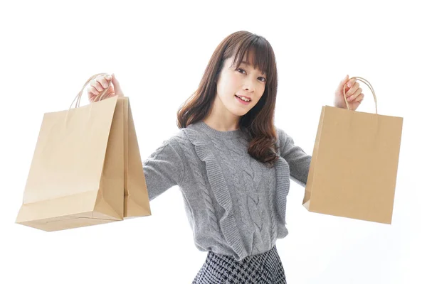 Concepto Compras Mujer Joven Con Bolsas Artesanía —  Fotos de Stock