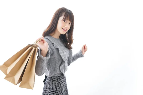 Concepto Compras Mujer Joven Con Bolsas Artesanía —  Fotos de Stock