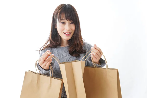 Concepto Compras Mujer Joven Con Bolsas Artesanía —  Fotos de Stock