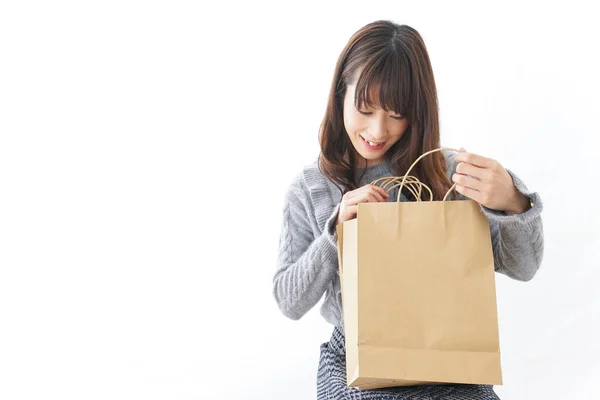 Concepto Compras Mujer Joven Con Bolsas Artesanía —  Fotos de Stock