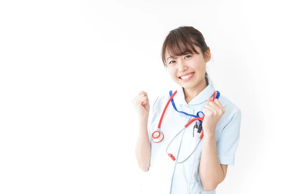 Enfermeira Bombeando Seus Punhos Isolados Branco — Fotografia de Stock