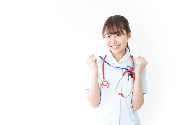 Nurse Pumping Her Fists Isolated White — Stock Photo, Image