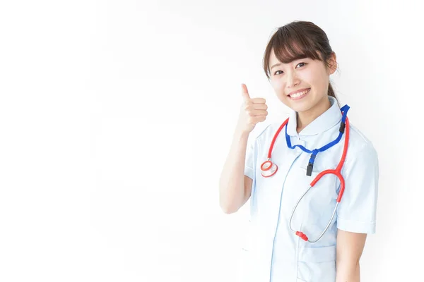 Enfermeira Dando Sinal Isolado Branco — Fotografia de Stock