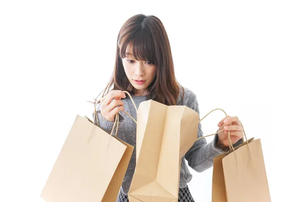 Kvinna Med Väskor Shopping Koncept Bakgrund — Stockfoto