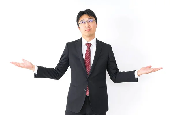 Asiatisk Affärsman Kostym Med Händerna Upp — Stockfoto