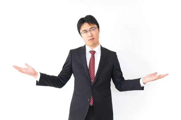 Asiatisk Affärsman Kostym Med Händerna Upp — Stockfoto