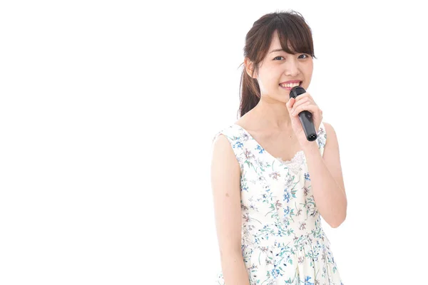 Young Woman Singing Karaoke Microphone — Stock Photo, Image