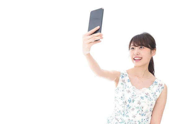 Jovencita Haciendo Selfie Mujer Joven Webcasting Video —  Fotos de Stock