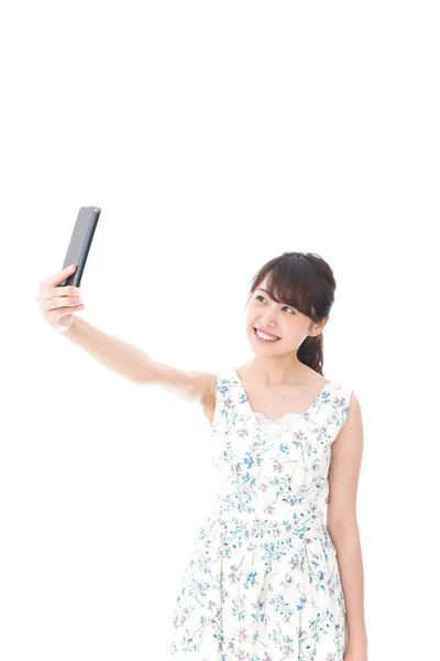 Junge Frau Macht Selfie Junge Frau Webcasting Video — Stockfoto