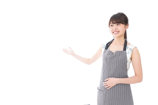 Female Cafe Staff Welcoming People Showing Copy Space Advertisement — Stock Photo, Image