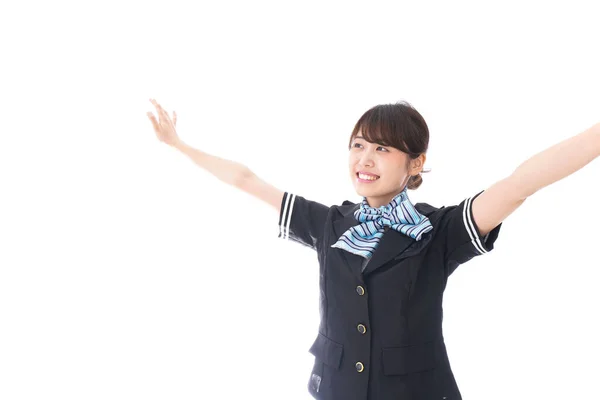 Asian Stewardess Raising Hand Isolated White Background — Stock Photo, Image
