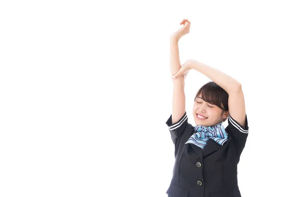 Asian Stewardess Raising Hand Isolated White Background — Stock Photo, Image