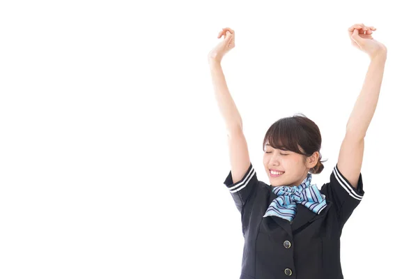 Ασιάτισσα Αεροσυνοδός Σηκώνει Χέρι Της Απομονωμένη Λευκό Φόντο — Φωτογραφία Αρχείου