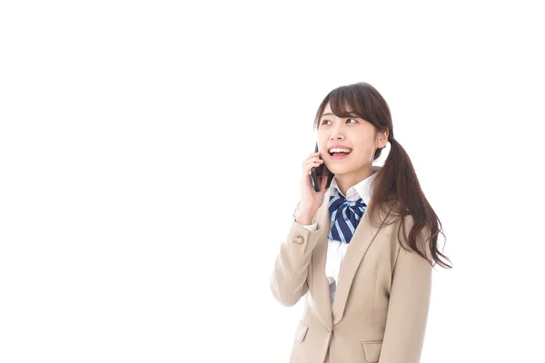 Feminino Asiático Estudante Falando Por Telefone — Fotografia de Stock