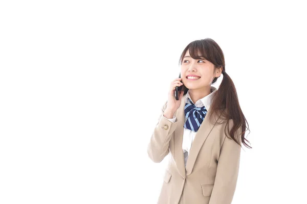 Feminino Asiático Estudante Falando Por Telefone — Fotografia de Stock