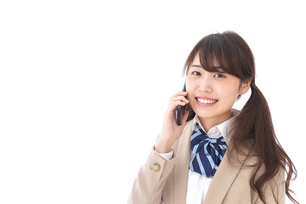 Feminino Asiático Estudante Falando Por Telefone — Fotografia de Stock