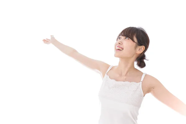 Femme Levant Les Mains Isolé Sur Fond Blanc — Photo